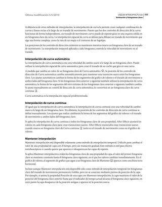 Última modificación 5/5/2010                                                                   USO DE AFTER EFFECTS CS5 222
                                                                                             Animación y fotogramas clave



A diferencia de otros métodos de interpolación, la interpolación de curva le permite crear cualquier combinación de
curvas y líneas rectas a lo largo de un trazado de movimiento. Puesto que los dos controles de dirección de la curva
funcionan de forma independiente, un trazado de movimiento curvo puede de repente girar en una esquina nítida en
un fotograma clave de curva. La interpolación espacial de curva es idónea para dibujar un trazado de movimiento que
siga una forma compleja, como la ruta de un mapa o el contorno de un logotipo.
Las posiciones de los controles de dirección existentes se mantienen mientras mueve un fotograma clave de un trazado
de movimiento. La interpolación temporal aplicada a cada fotograma controla la velocidad de movimiento en el
trazado.

Interpolación de curva automática
La interpolación de curva automática crea una velocidad de cambio suave a lo largo de un fotograma clave. Puede
utilizar la interpolación espacial de curva automática para crear el trazado de un coche que gira en una curva.
A medida que cambia un valor de un fotograma clave de Curva automática , la posición de los controles de
dirección de Curva automática cambia automáticamente para mantener una transición suave entre los fotogramas
clave. Los ajustes automáticos cambian la forma de los segmentos del gráfico de valores o el trazado de movimiento a
ambos lados del fotograma clave. Si los fotogramas clave anterior y siguiente también utilizan la interpolación de curva
automática, la forma de los segmentos del otro extremo de los fotogramas clave anterior o siguiente también cambia.
Si ajusta manualmente un control de dirección de curva automática, lo convertirá en un fotograma clave de curva
continua .
Curva automática es la interpolación espacial predeterminada.

Interpolación de curva continua
Al igual que la interpolación de curva automática, la interpolación de curva continua crea una velocidad de cambio
suave a lo largo de un fotograma clave. No obstante, la posición de los controles de dirección de curva continua se
define manualmente. Los ajustes que realice cambiarán la forma de los segmentos del gráfico de valores o el trazado
de movimiento a ambos lados del fotograma clave.
Si aplica la interpolación de curva continua a todos los fotogramas clave de una propiedad, After Effects ajustará los
valores en cada fotograma clave para crear transiciones suaves. After Effects mantendrá estas transiciones suaves
cuando mueva un fotograma clave de Curva continua           tanto en el trazado de movimiento como en el gráfico de
valores.

Mantener interpolación
Mantener interpolación está disponible solamente como método de interpolación temporal. Utilícelo para cambiar el
valor de una propiedad de capa con el tiempo, pero sin transición gradual. Este método es útil para efectos
estroboscópicos o cuando quiera que aparezca o desaparezcan las capas de repente.
Si aplica Mantener interpolación a todos los fotogramas clave de una propiedad de capa, el valor del primer fotograma
clave se mantiene constante hasta el fotograma clave siguiente, en el que los valores cambian inmediatamente. En el
gráfico de valores, el segmento de gráfico que sigue a un fotograma clave de Mantener    aparece como una línea recta
horizontal.
Incluso aunque Mantener interpolación está disponible sólo como método de interpolación temporal, los fotogramas
clave del trazado de movimiento permanecen visibles, pero no se conectan mediante puntos de posición de la capa.
Por ejemplo, si anima la propiedad Posición de una capa con Mantener interpolación, la capa mantiene el valor de la
posición del fotograma clave anterior hasta que el indicador de tiempo actual alcanza el fotograma clave siguiente, en
cuyo punto la capa desaparece de la posición antigua y aparece en la posición nueva.
 