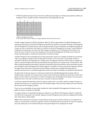 Última modificación 5/5/2010                                                                  USO DE AFTER EFFECTS CS5 237
                                                                                            Animación y fotogramas clave



• El Editor de gráficos proporciona una vista de los cambios que especifique con el tiempo marcando los cambios con
  fotogramas clave y un gráfico similar al mostrado para otras propiedades de capa.
         A       B    C           D




   Gráfico de reasignación de tiempo
   A. Sin cambios B. Movimiento rápido C. Congelar fotograma D. Movimiento hacia atrás


Cuando reasigne el tiempo en el Editor de gráficos, utilice los valores representados en el gráfico Reasignación de
tiempo para determinar y controlar qué fotograma de la película se reproduce en ese punto de tiempo. Cada fotograma
clave de Reasignación de tiempo tiene un valor de tiempo asociado a él que corresponde a un fotograma específico de
la capa; este valor se representa verticalmente en el gráfico de valores de Reasignación de tiempo. Cuando habilita la
reasignación de tiempo para una capa, After Effects agrega un fotograma clave de Reasignación de tiempo en los
puntos de inicio y de fin de la capa. Estos fotogramas clave iniciales de Reasignación de tiempo tienen valores de
tiempo verticales iguales a sus posiciones horizontales en la línea de tiempo.
Al definir fotogramas clave de Reasignación de tiempo adicionales, puede crear complejos resultados de movimiento.
Cada vez que agrega un fotograma clave de Remapeo de tiempo, se crea otro punto en el que puede cambiar la
velocidad o la dirección de la reproducción. Cuando mueve un fotograma clave hacia arriba o abajo en el gráfico de
valores, se ajusta el fotograma del vídeo que está definido para reproducirse en el tiempo actual. A continuación, After
Effects interpola fotogramas intermedios y reproduce el material de archivo hacia delante o hacia atrás desde ese punto
para el fotograma clave de Reasignación de tiempo siguiente. En el gráfico de valores, leyendo de izquierda a derecha,
un ángulo hacia arriba indica la reproducción hacia adelante, mientras que un ángulo hacia abajo indica la
reproducción hacia atrás. La cantidad de ángulo hacia arriba o hacia abajo corresponde a la velocidad de reproducción.
De igual modo, el valor que aparece en azul junto al nombre de la propiedad Reasignación de tiempo indica el
fotograma que se reproduce en el tiempo actual. Cuando arrastra el marcador del gráfico de valores hacia arriba o hacia
abajo, este valor cambia en consecuencia y se define un fotograma clave de Reasignación de tiempo, en caso necesario.
Puede hacer clic en este valor y escribir uno nuevo o arrastrar el valor para ajustarlo.
La duración original del material de archivo de origen no podrá volver a ser válido cuando se reasigne el tiempo, ya
que partes de la capa ya no se reproducirán más a la velocidad original. Si fuera necesario, defina una nueva duración
para la capa antes de reasignar el tiempo.
Como con otras propiedades de capa, puede visualizar los valores del gráfico de Reasignación de tiempo como un
gráfico de valores o un gráfico de velocidad.
Si reasigna el tiempo y la velocidad de fotogramas resultante es muy diferente del fotograma original, la calidad del
movimiento de la capa puede verse afectada. Aplique la mezcla de fotogramas para mejorar la reasignación de tiempo
para cámara lenta y cámara rápida.
Nota: Utilice la información mostrada en el panel Información para guiarse mientras trabaja con la reasignación de
tiempo. La relación dada en unidades de segundo/sec indica la velocidad actual de reproducción (el número de segundos
de la capa original que se está reproduciendo para cada segundo después de la reasignación de tiempo.
 