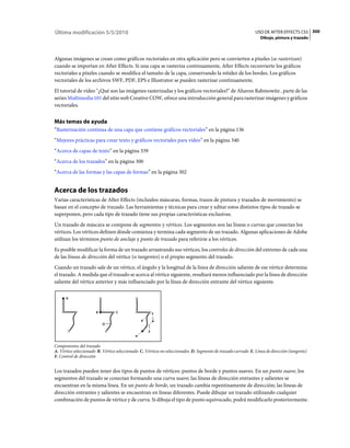 Última modificación 5/5/2010                                                                                   USO DE AFTER EFFECTS CS5 300
                                                                                                                  Dibujo, pintura y trazado



Algunas imágenes se crean como gráficos vectoriales en otra aplicación pero se convierten a píxeles (se rasterizan)
cuando se importan en After Effects. Si una capa se rasteriza continuamente, After Effects reconvierte los gráficos
vectoriales a píxeles cuando se modifica el tamaño de la capa, conservando la nitidez de los bordes. Los gráficos
vectoriales de los archivos SWF, PDF, EPS e Illustrator se pueden rasterizar continuamente.
El tutorial de vídeo "¿Qué son las imágenes rasterizadas y los gráficos vectoriales?" de Aharon Rabinowitz , parte de las
series Multimedia 101 del sitio web Creative COW, ofrece una introducción general para rasterizar imágenes y gráficos
vectoriales.


Más temas de ayuda
“Rasterización continua de una capa que contiene gráficos vectoriales” en la página 136
“Mejores prácticas para crear texto y gráficos vectoriales para vídeo” en la página 340
“Acerca de capas de texto” en la página 339
“Acerca de los trazados” en la página 300
“Acerca de las formas y las capas de formas” en la página 302


Acerca de los trazados
Varias características de After Effects (incluidos máscaras, formas, trazos de pintura y trazados de movimiento) se
basan en el concepto de trazado. Las herramientas y técnicas para crear y editar estos distintos tipos de trazado se
superponen, pero cada tipo de trazado tiene sus propias características exclusivas.
Un trazado de máscara se compone de segmentos y vértices. Los segmentos son las líneas o curvas que conectan los
vértices. Los vértices definen dónde comienza y termina cada segmento de un trazado. Algunas aplicaciones de Adobe
utilizan los términos punto de anclaje y punto de trazado para referirse a los vértices.
Es posible modificar la forma de un trazado arrastrando sus vértices, los controles de dirección del extremo de cada una
de las líneas de dirección del vértice (o tangentes) o el propio segmento del trazado.
Cuando un trazado sale de un vértice, el ángulo y la longitud de la línea de dirección saliente de ese vértice determina
el trazado. A medida que el trazado se acerca al vértice siguiente, resultará menos influenciado por la línea de dirección
saliente del vértice anterior y más influenciado por la línea de dirección entrante del vértice siguiente.

      A



                       B          C                     F

                           D

                                                    E



Componentes del trazado
A. Vértice seleccionado B. Vértice seleccionado C. Vértices no seleccionados D. Segmento de trazado curvado E. Línea de dirección (tangente)
F. Control de dirección


Los trazados pueden tener dos tipos de puntos de vértices: puntos de borde y puntos suaves. En un punto suave, los
segmentos del trazado se conectan formando una curva suave; las líneas de dirección entrantes y salientes se
encuentran en la misma línea. En un punto de borde, un trazado cambia repentinamente de dirección; las líneas de
dirección entrantes y salientes se encuentran en líneas diferentes. Puede dibujar un trazado utilizando cualquier
combinación de puntos de vértice y de curva. Si dibuja el tipo de punto equivocado, podrá modificarlo posteriormente.
 