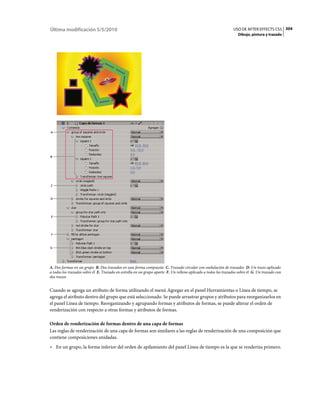 Última modificación 5/5/2010                                                                                    USO DE AFTER EFFECTS CS5 304
                                                                                                                   Dibujo, pintura y trazado




A




B




C



D




E




F



G




A. Dos formas en un grupo B. Dos trazados en una forma compuesta C. Trazado circular con ondulación de trazados D. Un trazo aplicado
a todos los trazados sobre él E. Trazado en estrella en un grupo aparte F. Un relleno aplicado a todos los trazados sobre él G. Un trazado con
dos trazos


Cuando se agrega un atributo de forma utilizando el menú Agregar en el panel Herramientas o Línea de tiempo, se
agrega el atributo dentro del grupo que está seleccionado. Se puede arrastrar grupos y atributos para reorganizarlos en
el panel Línea de tiempo. Reorganizando y agrupando formas y atributos de formas, se puede alterar el orden de
renderización con respecto a otras formas y atributos de formas.

Orden de renderización de formas dentro de una capa de formas
Las reglas de renderización de una capa de formas son similares a las reglas de renderización de una composición que
contiene composiciones anidadas.
• En un grupo, la forma inferior del orden de apilamiento del panel Línea de tiempo es la que se renderiza primero.
 
