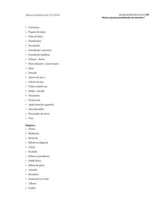 Última modificación 5/5/2010                          USO DE AFTER EFFECTS CS5 422
                                    Efectos y ajustes preestablecidos de animación



• Corrientes
• Paquete de datos
• Flujo de datos
• Distribuidor
• Encriptado
• Entrada por caracteres
• Entrada por palabras
• Delante - detrás
• Parte delantera - parte trasera
• Ideas
• Entrada
• Chorro de aire 2
• Chorro de aire
• Volteo multilí­nea
• Salida - entrada
• Neumático
• Producción
• Apilar derecha izquierda
• Días laborables
• Procesador de textos
• Vivo

Orgánico
• Otoño
• Ebullición
• Bumerán
• Rebote en diagonal
• Chicle
• Escalada
• Rebote en pendiente
• Doble hélice
• Rebote de gotas
• Anzuelo
• Revoloteo
• Formación en vuelo
• Tábano
• Colibrí
 