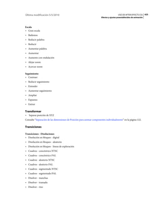 Última modificación 5/5/2010                                                              USO DE AFTER EFFECTS CS5 425
                                                                        Efectos y ajustes preestablecidos de animación



Escala
• Gran escala
• Bailemos
• Reducir palabra
• Reducir
• Aumentar palabra
• Aumentar
• Aumento con ondulación
• Alejar zoom
• Acercar zoom

Seguimiento
• Contraer
• Reducir seguimiento
• Extender
• Aumentar seguimiento
• Ampliar
• Espasmo
• Estirar

Transformar
•   Separar posición de XYZ
Consulte “Separación de las dimensiones de Posición para animar componentes individualmente” en la página 122.

Transiciones

Transiciones - Disoluciones
• Disolución en bloques - digital
• Disolución en bloques - aleatorio
• Disolución en bloques - líneas de exploración
• Cuadros - concéntrico NTSC
• Cuadros - concéntrico PAL
• Cuadros - aleatorio NTSC
• Cuadros - aleatorio PAL
• Cuadros - segmentado NTSC
• Cuadros - segmentado PAL
• Disolver - manchas
• Disolver - tramado
• Disolver - rizo
 