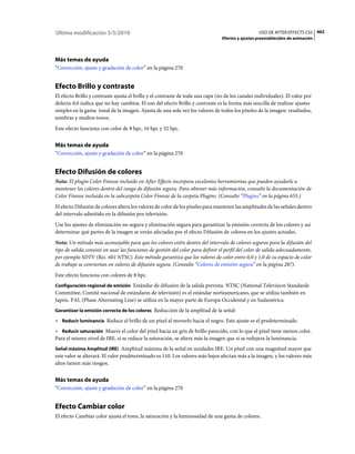 Última modificación 5/5/2010                                                                      USO DE AFTER EFFECTS CS5 462
                                                                                Efectos y ajustes preestablecidos de animación




Más temas de ayuda
“Corrección, ajuste y gradación de color” en la página 270


Efecto Brillo y contraste
El efecto Brillo y contraste ajusta el brillo y el contraste de toda una capa (no de los canales individuales). El valor por
defecto 0,0 indica que no hay cambios. El uso del efecto Brillo y contraste es la forma más sencilla de realizar ajustes
simples en la gama tonal de la imagen. Ajusta de una sola vez los valores de todos los píxeles de la imagen: resaltados,
sombras y medios tonos.
Este efecto funciona con color de 8 bpc, 16 bpc y 32 bpc.


Más temas de ayuda
“Corrección, ajuste y gradación de color” en la página 270


Efecto Difusión de colores
Nota: El plugin Color Finesse incluido en After Effects incorpora excelentes herramientas que pueden ayudarle a
mantener los colores dentro del rango de difusión segura. Para obtener más información, consulte la documentación de
Color Finesse incluida en la subcarpeta Color Finesse de la carpeta Plugins. (Consulte “Plugins” en la página 655.)
El efecto Difusión de colores altera los valores de color de los píxeles para mantener las amplitudes de las señales dentro
del intervalo admitido en la difusión por televisión.
Use los ajustes de eliminación no segura y eliminación segura para garantizar la emisión correcta de los colores y así
determinar qué partes de la imagen se verán afectadas por el efecto Difusión de colores en los ajustes actuales.
Nota: Un método más aconsejable para que los colores estén dentro del intervalo de colores seguros para la difusión del
tipo de salida consiste en usar las funciones de gestión del color para definir el perfil del color de salida adecuadamente,
por ejemplo SDTV (Rec. 601 NTSC). Este método garantiza que los valores de color entre 0,0 y 1,0 de su espacio de color
de trabajo se conviertan en valores de difusión segura. (Consulte “Colores de emisión segura” en la página 287).
Este efecto funciona con colores de 8 bpc.
Configuración regional de emisión Estándar de difusión de la salida prevista. NTSC (National Television Standards
Committee, Comité nacional de estándares de televisión) es el estándar norteamericano, que se utiliza también en
Japón. PAL (Phase Alternating Line) se utiliza en la mayor parte de Europa Occidental y en Sudamérica.
Garantizar la emisión correcta de los colores Reducción de la amplitud de la señal:

• Reducir luminancia Reduce el brillo de un píxel al moverlo hacia el negro. Este ajuste es el predeterminado.
• Reducir saturación Mueve el color del píxel hacia un gris de brillo parecido, con lo que el píxel tiene menos color.
Para el mismo nivel de IRE, si se reduce la saturación, se altera más la imagen que si se redujera la luminancia.
Señal máxima Amplitud (IRE) Amplitud máxima de la señal en unidades IRE. Un píxel con una magnitud mayor que
este valor se alterará. El valor predeterminado es 110. Los valores más bajos afectan más a la imagen, y los valores más
altos tienen más riesgos.


Más temas de ayuda
“Corrección, ajuste y gradación de color” en la página 270


Efecto Cambiar color
El efecto Cambiar color ajusta el tono, la saturación y la luminosidad de una gama de colores.
 
