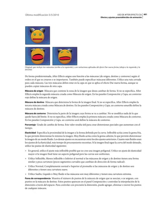 Última modificación 5/5/2010                                                                                     USO DE AFTER EFFECTS CS5 491
                                                                                            Efectos y ajustes preestablecidos de animación




Original, que incluye tres máscaras (arriba a la izquierda) y con variaciones aplicadas del efecto Dar nueva forma (abajo a la izquierda y la
derecha)


De forma predeterminada, After Effects asigna una función a las máscaras (de origen, destino y contorno) según el
orden en el que se crearon o se importaron. También puede especificar máscaras diferentes. Utilice una ruta cerrada
para cada máscara. Las tres máscaras deben estar en la capa en que se aplica el efecto Dar nueva forma, aunque se
pueden copiar máscaras de otra capa.
Máscara de origen Máscara que contiene la zona de la imagen que desea cambiar de forma. Si no se especifica, After
Effects emplea la segunda máscara creada como Máscara de origen. En los paneles Composición y Capa, un contorno
rojo define la máscara de origen.
Máscara de destino Máscara que determina la forma de la imagen final. Si no se especifica, After Effects emplea la
tercera máscara creada como Máscara de destino. En los paneles Composición y Capa, un contorno amarillo define la
máscara de destino.
Máscara de contorno Determina la parte de la imagen cuya forma se va a cambiar. No se modifica nada de lo que
quede fuera del límite. Si no se especifica, After Effects emplea la primera máscara creada como Máscara de contorno.
En los paneles Composición y Capa, un contorno azul define la máscara de contorno.
Porcentaje Grado de cambio de forma. Este valor resulta útil para crear distorsiones parciales que aumentan con el
tiempo.
Elasticidad Especifica la proximidad de la imagen a la forma definida por la curva. Inflexible actúa como la goma fría,
lo que permite distorsionar lo mínimo la imagen. Muy fluido actúa como la goma caliente, lo que permite distorsionar
la imagen de un modo fluido. Los demás ajustes se encuentran entre los dos ajustes anteriores. Cuanto más fluidos sean
los ajustes de la elasticidad, más tiempo de procesamiento necesitan. Si la imagen final sigue la curva del modo deseado,
utilice las pautas de elasticidad siguientes:
• En general, utilice el ajuste más inflexible posible que no cree una imagen poligonal. Utilice un ajuste de elasticidad
  mayor si la imagen final tiene un aspecto poligonal pero las curvas son uniformes.
• Utilice Inflexible, Menos inflexible o Inferior al normal si las máscaras de origen y de destino tienen una forma
  similar y poca curvatura (pocos segmentos curvados que cambian de dirección de forma radical).
• Utilice Normal, Completamente normal o Superior al promedio si las máscaras de origen y de destino son
  diferentes y tienen una curvatura suave.
• Utilice Suelto, Líquido o Muy fluido si las máscaras son muy diferentes y tienen una curvatura extrema.
Pares de correspondencia Muestra el número de puntos de la máscara de origen que se asocian, o se asignan, con
puntos en la máscara de destino. Estos puntos aparecen en el panel Composición y controlan la interpolación de la
distorsión a través del espacio. Para controlar con precisión la distorsión, puede agregar, eliminar o mover los puntos
de cualquier máscara.
 