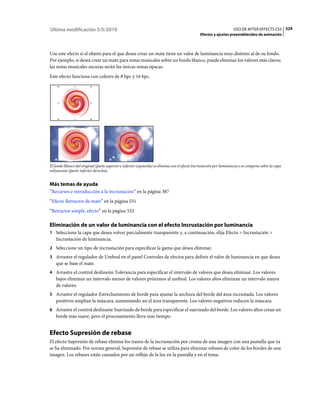 Última modificación 5/5/2010                                                                                       USO DE AFTER EFFECTS CS5 529
                                                                                              Efectos y ajustes preestablecidos de animación



Use este efecto si el objeto para el que desea crear un mate tiene un valor de luminancia muy distinto al de su fondo.
Por ejemplo, si desea crear un mate para notas musicales sobre un fondo blanco, puede eliminar los valores más claros;
las notas musicales oscuras serán las únicas zonas opacas.
Este efecto funciona con colores de 8 bpc y 16 bpc.




El fondo blanco del original (parte superior e inferior izquierda) se elimina con el efecto Incrustación por luminancia y se compone sobre la capa
subyacente (parte inferior derecha).


Más temas de ayuda
“Recursos e introducción a la incrustación” en la página 387
“Efecto Retractor de mate” en la página 531
“Retractor simple, efecto” en la página 532

Eliminación de un valor de luminancia con el efecto Incrustación por luminancia
1 Seleccione la capa que desea volver parcialmente transparente y, a continuación, elija Efecto > Incrustación >
   Incrustación de luminancia.
2 Seleccione un tipo de incrustación para especificar la gama que desea eliminar.
3 Arrastre el regulador de Umbral en el panel Controles de efectos para definir el valor de luminancia en que desea
   que se base el mate.
4 Arrastre el control deslizante Tolerancia para especificar el intervalo de valores que desea eliminar. Los valores
   bajos eliminan un intervalo menor de valores próximos al umbral. Los valores altos eliminan un intervalo mayor
   de valores.
5 Arrastre el regulador Estrechamiento de borde para ajustar la anchura del borde del área incrustada. Los valores
   positivos amplían la máscara, aumentando así el área transparente. Los valores negativos reducen la máscara.
6 Arrastre el control deslizante Suavizado de borde para especificar el suavizado del borde. Los valores altos crean un
   borde más suave, pero el procesamiento lleva más tiempo.


Efecto Supresión de rebase
El efecto Supresión de rebase elimina los trazos de la incrustación por croma de una imagen con una pantalla que ya
se ha eliminado. Por norma general, Supresión de rebase se utiliza para eliminar rebases de color de los bordes de una
imagen. Los rebases están causados por un reflejo de la luz en la pantalla y en el tema.
 