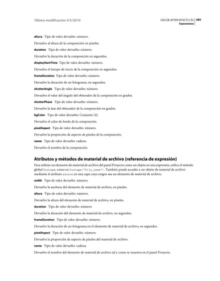 Última modificación 5/5/2010                                                                 USO DE AFTER EFFECTS CS5 685
                                                                                                           Expresiones



altura Tipo de valor devuelto: número.

Devuelve al altura de la composición en píxeles.
duration Tipo de valor devuelto: número.

Devuelve la duración de la composición en segundos.
displayStartTime Tipo de valor devuelto: número.

Devuelve el tiempo de inicio de la composición en segundos.
frameDuration Tipo de valor devuelto: número.

Devuelve la duración de un fotograma, en segundos.
shutterAngle Tipo de valor devuelto: número.

Devuelve el valor del ángulo del obturador de la composición en grados.
shutterPhase Tipo de valor devuelto: número.

Devuelve la fase del obturador de la composición en grados.
bgColor Tipo de valor devuelto: Conjunto [4].

Devuelve el color de fondo de la composición.
pixelAspect Tipo de valor devuelto: número.

Devuelve la proporción de aspecto de píxeles de la composición.
name Tipo de valor devuelto: cadena.

Devuelve el nombre de la composición.


Atributos y métodos de material de archivo (referencia de expresión)
Para utilizar un elemento de material de archivo del panel Proyecto como un objeto en una expresión, utilice el método
global footage, como en footage("file_name"). También puede acceder a un objeto de material de archivo
mediante el atributo source en una capa cuyo origen sea un elemento de material de archivo.
width Tipo de valor devuelto: número.

Devuelve la anchura del elemento de material de archivo, en píxeles.
altura Tipo de valor devuelto: número.

Devuelve la altura del elemento de material de archivo, en píxeles.
duration Tipo de valor devuelto: número.

Devuelve la duración del elemento de material de archivo, en segundos.
frameDuration Tipo de valor devuelto: número.

Devuelve la duración de un fotograma en el elemento de material de archivo, en segundos.
pixelAspect Tipo de valor devuelto: número.

Devuelve la proporción de aspecto de píxeles del material de archivo.
name Tipo de valor devuelto: cadena.

Devuelve el nombre del elemento de material de archivo tal y como se muestra en el panel Proyecto.
 