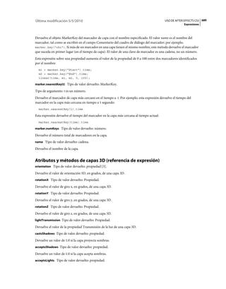 Última modificación 5/5/2010                                                              USO DE AFTER EFFECTS CS5 689
                                                                                                        Expresiones



Devuelve el objeto MarkerKey del marcador de capa con el nombre especificado. El valor name es el nombre del
marcador, tal como se escribió en el campo Comentario del cuadro de diálogo del marcador; por ejemplo,
marker.key("ch1"). Si más de un marcador en una capa tienen el mismo nombre, este método devuelve el marcador
que suceda en primer lugar (en el tiempo de capa). El valor de una clave de marcador es una cadena, no un número.
Esta expresión sobre una propiedad aumenta el valor de la propiedad de 0 a 100 entre dos marcadores identificados
por el nombre:
  m1 = marker.key("Start").time;
  m2 = marker.key("End").time;
  linear(time, m1, m2, 0, 100);

marker.nearestKey(t) Tipo de valor devuelto: MarkerKey.

Tipo de argumento: t es un número.
Devuelve el marcador de capa más cercano en el tiempo a t. Por ejemplo, esta expresión devuelve el tiempo del
marcador en la capa más cercana en tiempo a 1 segundo:
  marker.nearestKey(1).time

Esta expresión devuelve el tiempo del marcador en la capa más cercana al tiempo actual:
  marker.nearestKey(time).time

marker.numKeys Tipo de valor devuelto: número.

Devuelve el número total de marcadores en la capa.
name Tipo de valor devuelto: cadena.

Devuelve el nombre de la capa.


Atributos y métodos de capas 3D (referencia de expresión)
orientation Tipo de valor devuelto: propiedad [3].

Devuelve el valor de orientación 3D, en grados, de una capa 3D.
rotationX Tipo de valor devuelto: Propiedad.

Devuelve el valor de giro x, en grados, de una capa 3D.
rotationY Tipo de valor devuelto: Propiedad.

Devuelve el valor de giro y, en grados, de una capa 3D.
rotationZ Tipo de valor devuelto: Propiedad.

Devuelve el valor de giro z, en grados, de una capa 3D.
lightTransmission Tipo de valor devuelto: Propiedad.

Devuelve el valor de la propiedad Transmisión de la luz de una capa 3D.
castsShadows Tipo de valor devuelto: propiedad.

Devuelve un valor de 1.0 si la capa proyecta sombras.
acceptsShadows Tipo de valor devuelto: propiedad.

Devuelve un valor de 1.0 si la capa acepta sombras.
acceptsLights Tipo de valor devuelto: propiedad.
 