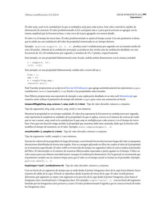 Última modificación 5/5/2010                                                                   USO DE AFTER EFFECTS CS5 695
                                                                                                             Expresiones



El valor amp_mult es la cantidad por la que se multiplica amp para cada octava. Este valor controla la rapidez de
eliminación de armonía. El valor predeterminado es 0,5; acérquelo más a 1 para que la armonía se agregue con la
misma amplitud que la frecuencia base, o más cerca de 0 para agregarlo con menos detalle.
El valor t es el tiempo de inicio base. El valor predeterminado se ajusta al tiempo actual. Use este parámetro si desea
que la salida sea una ondulación del valor de propiedad muestreada en un tiempo distinto.
Ejemplo: position.wiggle(5, 20, 3, .5) produce unas 5 ondulaciones por segundo con un tamaño medio de
unos 20 píxeles. Además de la ondulación principal, se producen dos niveles más de ondulación detallada con una
frecuencia de 10 y 20 ondulaciones por segundo, y tamaños de 10 y 5 píxeles, respectivamente.
Este ejemplo, en una propiedad bidimensional como Escala, ondula ambas dimensiones con la misma cantidad:
  v = wiggle(5, 10);
  [v[0], v[0]]

Este ejemplo, en una propiedad bidimensional, ondula sólo a través del eje y:
  freq = 3;
  amp = 50;
  w = wiggle(freq,amp);
  [value[0],w[1]];

Paul Tuersley proporciona un script en el foro de AE Enhancers que agrega automáticamente las expresiones wiggle
(ondulación), smooth (suavizado) y loop (bucle) a las propiedades seleccionadas.
Dan Ebberts proporciona una expresión de ejemplo y una explicación detallada en su sitio web MotionScript que
muestra cómo utilizar el parámetro de tiempo del método wiggle para crear una animación en bucle.
temporalWiggle(freq, amp, octaves=1, amp_mult=.5, t=time) Tipo de valor devuelto: número o conjunto.

Tipo de argumento: freq, amp, octaves, amp_mult y t son números.
Muestrea la propiedad en un tiempo ondulado. El valor freq representa la frecuencia en ondulaciones por segundo,
amp representa la amplitud en unidades de la propiedad a la que se aplica, octaves es el número de octavas de ruido
que se van a sumar, amp_mult es la cantidad por la que amp se multiplica por cada octava y t es el tiempo de inicio
base. Para que esta función tenga sentido, la propiedad que muestrea debe estar animada, dado que la función sólo
modifica el tiempo de muestreo, no el valor. Ejemplo: scale.temporalWiggle(5, .2)
smooth(width=.2, samples=5, t=time) Tipo de valor devuelto: número o conjunto.

Tipo de argumento: width, samples y t son números.
Suaviza los valores de la propiedad a lo largo del tiempo, convirtiendo breves desviaciones largas del valor en pequeñas
desviaciones distribuidas de forma más regular. Esto se consigue aplicando un filtro de cuadro al valor de la propiedad
en el momento especificado. El valor width es el intervalo de tiempo (en segundos) sobre el cual se realiza el promedio
del filtro. El valorsamples es el número de muestras diferenciadas espaciadas a partes iguales en el tiempo. Utilice un
valor mayor para una obtener suavidad mayor (aunque el rendimiento disminuirá). Por lo general, se recomienda que
el parámetro samples sea un número impar para que el valor en el tiempo actual se incluya en el promedio. Ejemplo:
position.smooth(.1, 5)

loopIn(type="cycle", numKeyframes=0) Tipo de valor devuelto: número o conjunto.

Crea un bucle de un segmento de tiempo que se mide desde el primer fotograma clave de la capa hacia delante, hacia
el punto de salida de la capa. El bucle se reproduce desde el punto de inicio de la capa. El valor numKeyframes
determina qué segmento se repite: este segmento es la porción de la capa desde el primer fotograma clave hasta el
fotograma clave numKeyframes+1 fotograma clave. Por ejemplo, loopIn("cycle", 3) crea un bucle del segmento
limitado por los fotogramas clave primero y cuarto. El valor predeterminado 0 significa que se creará un bucle de todos
los fotogramas clave.
 
