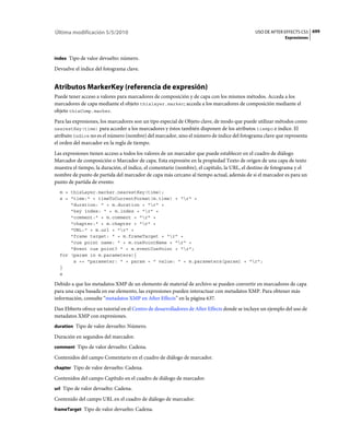Última modificación 5/5/2010                                                                 USO DE AFTER EFFECTS CS5 699
                                                                                                           Expresiones



index Tipo de valor devuelto: número.

Devuelve el índice del fotograma clave.


Atributos MarkerKey (referencia de expresión)
Puede tener acceso a valores para marcadores de composición y de capa con los mismos métodos. Acceda a los
marcadores de capa mediante el objeto thislayer.marker; acceda a los marcadores de composición mediante el
objeto thisComp.marker.
Para las expresiones, los marcadores son un tipo especial de Objeto clave, de modo que puede utilizar métodos como
nearestKey(time) para acceder a los marcadores y éstos también disponen de los atributos tiempo e índice. El
atributo índice no es el número (nombre) del marcador, sino el número de índice del fotograma clave que representa
el orden del marcador en la regla de tiempo.
Las expresiones tienen acceso a todos los valores de un marcador que puede establecer en el cuadro de diálogo
Marcador de composición o Marcador de capa. Esta expresión en la propiedad Texto de origen de una capa de texto
muestra el tiempo, la duración, el índice, el comentario (nombre), el capítulo, la URL, el destino de fotograma y el
nombre de punto de partida del marcador de capa más cercano al tiempo actual, además de si el marcador es para un
punto de partida de evento:
  m = thisLayer.marker.nearestKey(time);
  s = "time:" + timeToCurrentFormat(m.time) + "r" +
      "duration: " + m.duration + "r" +
      "key index: " + m.index + "r" +
      "comment:" + m.comment + "r" +
      "chapter:" + m.chapter + "r" +
      "URL:" + m.url + "r" +
      "frame target: " + m.frameTarget + "r" +
      "cue point name: " + m.cuePointName + "r" +
      "Event cue point? " + m.eventCuePoint + "r";
  for (param in m.parameters){
       s += "parameter: " + param + " value: " + m.parameters[param] + "r";
  }
  s

Debido a que los metadatos XMP de un elemento de material de archivo se pueden convertir en marcadores de capa
para una capa basada en ese elemento, las expresiones pueden interactuar con metadatos XMP. Para obtener más
información, consulte “metadatos XMP en After Effects” en la página 637.
Dan Ebberts ofrece un tutorial en el Centro de desarrolladores de After Effects donde se incluye un ejemplo del uso de
metadatos XMP con expresiones.
duration Tipo de valor devuelto: Número.

Duración en segundos del marcador.
comment Tipo de valor devuelto: Cadena.

Contenidos del campo Comentario en el cuadro de diálogo de marcador.
chapter Tipo de valor devuelto: Cadena.

Contenidos del campo Capítulo en el cuadro de diálogo de marcador.
url Tipo de valor devuelto: Cadena.

Contenido del campo URL en el cuadro de diálogo de marcador.
frameTarget Tipo de valor devuelto: Cadena.
 