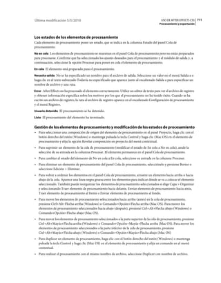 Última modificación 5/5/2010                                                                    USO DE AFTER EFFECTS CS5 711
                                                                                              Procesamiento y exportación




Los estados de los elementos de procesamiento
Cada elemento de procesamiento posee un estado, que se indica en la columna Estado del panel Cola de
procesamiento:
No en cola Los elementos de procesamiento se muestran en el panel Cola de procesamiento pero no están preparados
para procesarse. Confirme que ha seleccionado los ajustes deseados para el procesamiento y el módulo de salida y, a
continuación, seleccione la opción Procesar para poner en cola el elemento de procesamiento.
En cola El elemento está preparado para el procesamiento.

Necesita salida No se ha especificado un nombre para el archivo de salida. Seleccione un valor en el menú Salida a o
haga clic en el texto subrayado Todavía no especificado que aparece junto al encabezado Salida a para especificar un
nombre de archivo y una ruta.
Error After Effects no ha procesado el elemento correctamente. Utilice un editor de texto para ver el archivo de registro
y obtener información específica sobre los motivos por los que el procesamiento no ha tenido éxito. Cuando se ha
escrito un archivo de registro, la ruta al archivo de registro aparece en el encabezado Configuración de procesamiento
y el menú Registro.
Usuario detenido El procesamiento se ha detenido.

Listo El procesamiento del elemento ha terminado.


Gestión de los elementos de procesamiento y modificación de los estados de procesamiento
• Para seleccionar una composición de origen del elemento de procesamiento en el panel Proyecto, haga clic con el
  botón derecho del ratón (Windows) o mantenga pulsada la tecla Control y haga clic (Mac OS) en el elemento de
  procesamiento y elija la opción Revelar composición en proyecto del menú contextual.
• Para suprimir un elemento de la cola de procesamiento (modificar el estado de En cola a No en cola), anule la
  selección de su entrada en la columna Procesar. El elemento permanece en el panel Cola de procesamiento.
• Para cambiar el estado del elemento de No en cola a En cola, seleccione su entrada en la columna Procesar.
• Para eliminar un elemento de procesamiento del panel Cola de procesamiento, selecciónelo y presione Borrar o
  seleccione Edición > Eliminar.
• Para volver a ordenar los elementos en el panel Cola de procesamiento, arrastre un elemento hacia arriba o hacia
  abajo de la cola. Aparece una línea negra gruesa entre los elementos para indicar dónde se va a colocar el elemento
  seleccionado. También puede reorganizar los elementos de procesamiento seleccionados si elige Capa > Organizar
  y seleccionando Traer elemento de procesamiento hacia delante, Enviar elemento de procesamiento hacia atrás,
  Traer elemento de procesamiento al frente o Enviar elemento de procesamiento al fondo.
• Para mover los elementos de procesamiento seleccionados hacia arriba (antes) en la cola de procesamiento,
  presione Ctrl+Alt+Flecha arriba (Windows) o Comando+Opción+Flecha arriba (Mac OS). Para mover los
  elementos de procesamiento seleccionados hacia abajo (después), presione Ctrl+Alt+Flecha abajo (Windows) o
  Comando+Opción+Flecha abajo (Mac OS).
• Para mover los elementos de procesamiento seleccionados a la parte superior de la cola de procesamiento, presione
  Ctrl+Alt+Mayús+Flecha arriba (Windows) o Comando+Opción+Mayús+Flecha arriba (Mac OS). Para mover los
  elementos de procesamiento seleccionados a la parte inferior de la cola de procesamiento, presione
  Ctrl+Alt+Mayús+Flecha abajo (Windows) o Comando+Opción+Mayús+Flecha abajo (Mac OS)
• Para duplicar un elemento de procesamiento, haga clic con el botón derecho del ratón (Windows) o mantenga
  pulsada la tecla Control y haga clic (Mac OS) en el elemento de procesamiento y elija un comando en el menú
  contextual.
• Para realizar el procesamiento con el mismo nombre de archivo, seleccione Duplicar con nombre de archivo.
 