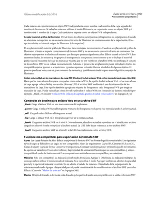 Última modificación 5/5/2010                                                                     USO DE AFTER EFFECTS CS5 732
                                                                                                Procesamiento y exportación



Cada máscara se exporta como un objeto SWF independiente, cuyo nombre es el nombre de la capa seguido del
nombre de la máscara. Si todas las máscaras utilizan el modo Diferencia, se exportarán como un objeto SWF y el
nombre será el nombre de la capa. Cada carácter se exporta como un objeto SWF independiente.
Acoplar material gráfico de Illustrator Divide todos los objetos superpuestos en fragmentos no superpuestos. Cuando
se selecciona esta opción, no es necesario convertir texto de Illustrator en contornos antes de la exportación. (Esta
opción admite archivos de origen de Illustrator 9.0 o superior).
El acoplamiento del material gráfico de Illustrator tiene ventajas e inconvenientes. Cuado se acopla material gráfico de
Illustrator, el texto se exporta correctamente al formato SWF y no es necesario convertir el texto en contornos. Los
objetos superpuestos se eliminan de manera que las capas parezcan iguales en After Effects y en el archivo SWF. Los
extremos finales, las uniones y los grupos de transparencia se exportan correctamente y no se incluye el material
gráfico que se encuentra fuera de las marcas de recorte, que no son visibles en el archivo SWF. Sin embargo, el tamaño
de los archivos SWF no se reduce necesariamente. Además, el proceso de acoplamiento puede introducir objetos no
compatibles que se ignoran o se rasterizan, y pueden aparecer rebordes blancos alrededor de algunos objetos. El
proceso puede ser lento, con un gran consumo de memoria, y posiblemente ineficaz para material gráfico complejo de
Illustrator.
Incluir enlaces Web en los marcadores de capa (MS Windows) Incluir enlaces Web en los marcadores de capa (Mac OS)
Hace que los marcadores de capa se comporten como enlaces Web. La opción Incluir enlaces Web en los marcadores
de capa agrega enlaces Web y una acción Obtener URL al archivo SWF mediante el uso de información de los
marcadores de capa. Esta opción también agrega una etiqueta de fotograma a cada fotograma SWF que tenga un
marcador de capa. Puede especificar cómo abre el explorador el enlace Web con comandos de destino estándar (por
ejemplo, _blank). (Consulte “Enlaces Web, enlaces de capítulo, puntos de señal y marcadores” en la página 634.)

Comandos de destino para enlaces Web en un archivo SWF
_blank Carga el enlace Web en una nueva ventana del explorador.

_parent Carga el enlace Web en el fotograma primario del fotograma en el que se esté reproduciendo el archivo actual.

_self Carga el enlace Web en el fotograma actual.

_top Carga el enlace Web en el fotograma superior de la ventana actual.

_level0 Carga otro archivo SWF en el nivel 0. Normalmente, el archivo actual se reproduce en el nivel 0; otro archivo
cargado en el nivel 0 suele reemplazar al archivo actual. La URL debe hacer referencia a otro archivo SWF.
_level1 Carga otro archivo SWF en el nivel 1 si la URL hace referencia a otro archivo SWF.


Funciones no compatibles para exportación de formato SWF
Capas Las capas de texto de After Effects se exportan al formato SWF en forma de gráficos vectoriales. Los siguientes
tipos de capas y definidores de capas no son compatibles: Mates de seguimiento, Capas 3D, Cámaras 3D, Luces 3D,
Capas de ajuste, Capas de forma, Conservar transparencia, Contraer transformaciones y Desenfoque del movimiento.
La opción de caracteres Trazo sobre relleno y la propiedad de animación Desenfoque no son compatibles, y sólo es
compatible el modo de fusión normal. Las composiciones anidadas no son compatibles y se rasterizan.
Máscaras Sólo son compatibles las máscaras con el modo de máscara Agregar o Diferencia; las máscaras múltiples de
una capa deben utilizar el mismo modo de máscara. Si se especifica el modo Agregar, también se admiten la opacidad
parcial y la opción de máscara Invertida. No se admite el calado de máscara. El resultado de la superposición de
máscaras con el modo Agregar y la opacidad parcial puede visualizarse de forma diferente en el archivo SWF y en After
Effects. (Consulte “Modos de máscara” en la página 380).
Efectos El texto de trazado, la forma de onda de audio y el espectro de audio son compatibles con la salida en formato SWF.
 