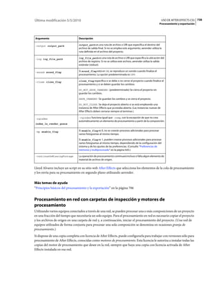 Última modificación 5/5/2010                                                                                       USO DE AFTER EFFECTS CS5 738
                                                                                                                  Procesamiento y exportación




Argumento                        Descripción

–output output_path              output_path es una ruta de archivo o URI que especifica el destino del
                                 archivo de salida final. Si no se emplea este argumento, aerender utiliza la
                                 ruta definida en el archivo del proyecto.

–log log_file_path               log_file_path es una ruta de archivo o URI que especifica la ubicación del
                                 archivo de registro. Si no se utiliza este archivo, aerender utiliza la salida
                                 estándar (stdout).

–sound sound_flag                Si sound_flag está en ON, se reproduce un sonido cuando finaliza el
                                 procesamiento. La opción predeterminada es OFF.

–close close_flag                close_flag especifica si se debe o no cerrar el proyecto cuando finalice el
                                 procesamiento y si se deben guardar los cambios:

                                 DO_NOT_SAVE_CHANGES : (predeterminado) Se cierra el proyecto sin
                                 guardar los cambios.

                                 SAVE_CHANGES : Se guardan los cambios y se cierra el proyecto.

                                 DO_NOT_CLOSE : Se deja el proyecto abierto si se está empleando una
                                 instancia de After Effects que ya estaba abierta. (Las instancias nuevas de
                                 After Effects deben cerrarse siempre al terminar.)

-rqindex                         -rqindex funciona igual que -comp, con la excepción de que no crea
                                 automáticamente un elemento de procesamiento a partir de la composición.
index_in_render_queue


-mp enable_flag                  Si enable_flag es 0, no se crearán procesos adicionales para procesar
                                 varios fotogramas al mismo tiempo.

                                 Si enable_flag es 1, pueden crearse procesos adicionales para procesar
                                 varios fotogramas al mismo tiempo, dependiendo de la configuración del
                                 sistema y de los ajustes de las preferencias. (Consulte “Preferencias de
                                 memoria y multiprocesado” en la página 643.)

-continueOnMissingFootage        La operación de procesamiento continuará incluso si falta algún elemento de
                                 material de archivo de origen.


Lloyd Alvarez incluye un script en su sitio web After Effects que selecciona los elementos de la cola de procesamiento
y los envía para su procesamiento en segundo plano utilizando aerender.


Más temas de ayuda
“Principios básicos del procesamiento y la exportación” en la página 706


Procesamiento en red con carpetas de inspección y motores de
procesamiento
Utilizando varios equipos conectados a través de una red, se pueden procesar una o más composiciones de un proyecto
en una fracción del tiempo que necesitaría un solo equipo. Para el procesamiento en red es necesario copiar el proyecto
y los archivos de origen en una carpeta de red y, a continuación, iniciar el procesamiento del proyecto. (Una red de
equipos utilizados de forma conjunta para procesar una sola composición se denomina en ocasiones granja de
procesamiento.)
Si dispone de una copia completa con licencia de After Effects, puede configurarla para trabajar con versiones sólo para
procesamiento de After Effects, conocidas como motores de procesamiento. Esta licencia le autoriza a instalar todas las
copias del motor de procesamiento que desee en la red, siempre que haya una copia con licencia activada de After
Effects instalada en esa red.
 