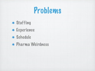 Problems
Staffing
Experience
Schedule
Pharma Weirdness
 