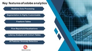 Key featuresof adobe analytics
Realtime Data Processing
Segmentation Is Highly Customizable
Freeform Tables
Flow Reports & Visualizations
Latency Analysis with Cohort Tables
AI Features: Anomaly Detection
datavinci.services
 