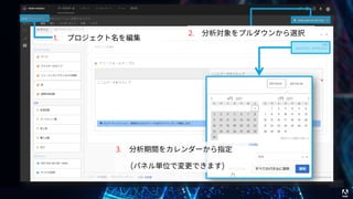 © 2017 Adobe Systems Incorporated. All Rights Reserved. Adobe Confidential.
1. プロジェクト名を編集
2. 分析対象をプルダウンから選択
3. 分析期間をカレンダーから指定
  (パネル単位で変更できます)
 