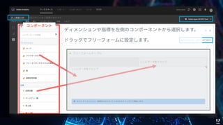 © 2017 Adobe Systems Incorporated. All Rights Reserved. Adobe Confidential.
11
コンポーネント
ディメンションや指標を左側のコンポーネントから選択します。
ドラッグでフリーフォームに設定します。
22
 
