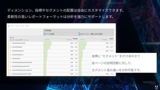 © 2017 Adobe Systems Incorporated. All Rights Reserved. Adobe Confidential.
ディメンション、指標やセグメントの配置は⾃由にカスタマイズできます。
柔軟性の⾼いレポートフォーマットは分析を強⼒にサポートします。
指標に “セグメント” をかけあわせて
各ページの訪問回数に対して、
セグメント毎の違いを分析可能です。
 