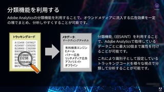 © 2017 Adobe Systems Incorporated. All Rights Reserved. Adobe Confidential. 25
分類機能を利⽤する
Adobe Analyticsの分類機能を利⽤することで、オウンドメディアに流⼊する広告効果を⼀定
の塊でまとめ、分析しやすくすることが可能です。
A123456 C876627
A234567 C930292
B238900 C392099
B903902 C763476
B920988 D111828
B949034 D129291
B348828 D837726
B838992 D473727
B672779 D839877
A123456 C876627
A234567 C930292
B238900 C392099
B903902 C763476
B920988 D111828
B949034 D129291
B348828 D837726
B838992 D473727
B672779 D839877
D238
D38681
D56464
E
分類機能（旧SAINT）を利⽤すること
で、Adobe Analyticsで取得している
データごとに最⼤50個まで属性を付け
ることが可能です。
これにより識別⼦として設定している
トラッキングコードを様々な視点で分
類して分析することが可能です。
AnalyticsAnalytics
 