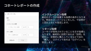 © 2017 Adobe Systems Incorporated. All Rights Reserved. Adobe Confidential. 40
コホートレポートの作成
インクルージョン指標
最初のデータの設置する指標の条件となりま
す。特定のコンバージョンをした、や訪問が
１回以上などを設定します。
リターン指標
ユーザーが保持されていることを⽰す指標と
なります。継続的に訪問であれば「訪問」を
設定し、定期的に購⼊しているなどであれ
「購⼊」、ログインであれば「ログイン」を
設定します。
Analytics
 