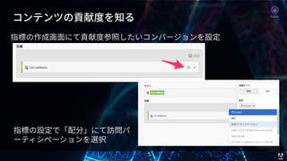© 2017 Adobe Systems Incorporated. All Rights Reserved. Adobe Confidential. 46
コンテンツの貢献度を知る
指標の作成画⾯にて貢献度参照したいコンバージョンを設定
指標の設定で「配分」にて訪問パ
ーティシペーションを選択
Analytics
 