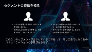 © 2017 Adobe Systems Incorporated. All Rights Reserved. Adobe Confidential. 55
セグメントの特徴を知る
• サイトの常連で定期的に訪問して購
買を⾏っている。
• お気に⼊りのカテゴリがあり、時間
をかけずにすぐに購⼊したい。
• サイトへは初めての訪問であり、サ
イトの特徴を掴めていない。
• まずはサイト全体を眺めて、どんな
ものがあるかを検討したい。
この２つのセグメントが分かっているのであれば、同じ広告ではなく別の
コミュニケーションの⼿段があるはず。
Analytics
 