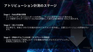 © 2017 Adobe Systems Incorporated. All Rights Reserved. Adobe Confidential.
アトリビューション計測のステージ
Stage１：Ratio評価の実施
• マーケティング・チャネルレポートを利⽤し、チャネル設定を⾏なって頂きます。 
ここで取得できたデータをベースにRatio評価をして頂き全体の傾向をつかんで頂きます。
Stage２：流⼊での評価
• 流⼊単位で、前後２つのパスを組み合わせてセグメントを作成し、主要コンバージョンの評価を⾏い
ます。
Stage３：評価モデルごとの分析（スコアシートの設定）
• Adobe Analyticsにて取得したデータを複数の評価モデルでスコアアリングし、 
多⾓的に分析を⾏います。
Analytics
 