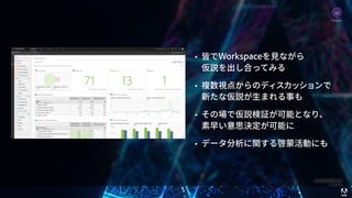 © 2017 Adobe Systems Incorporated. All Rights Reserved. Adobe Confidential. 74
• 皆でWorkspaceを⾒ながら 
仮説を出し合ってみる
• 複数視点からのディスカッションで 
新たな仮説が⽣まれる事も
• その場で仮説検証が可能となり、 
素早い意思決定が可能に
• データ分析に関する啓蒙活動にも
Analytics
 