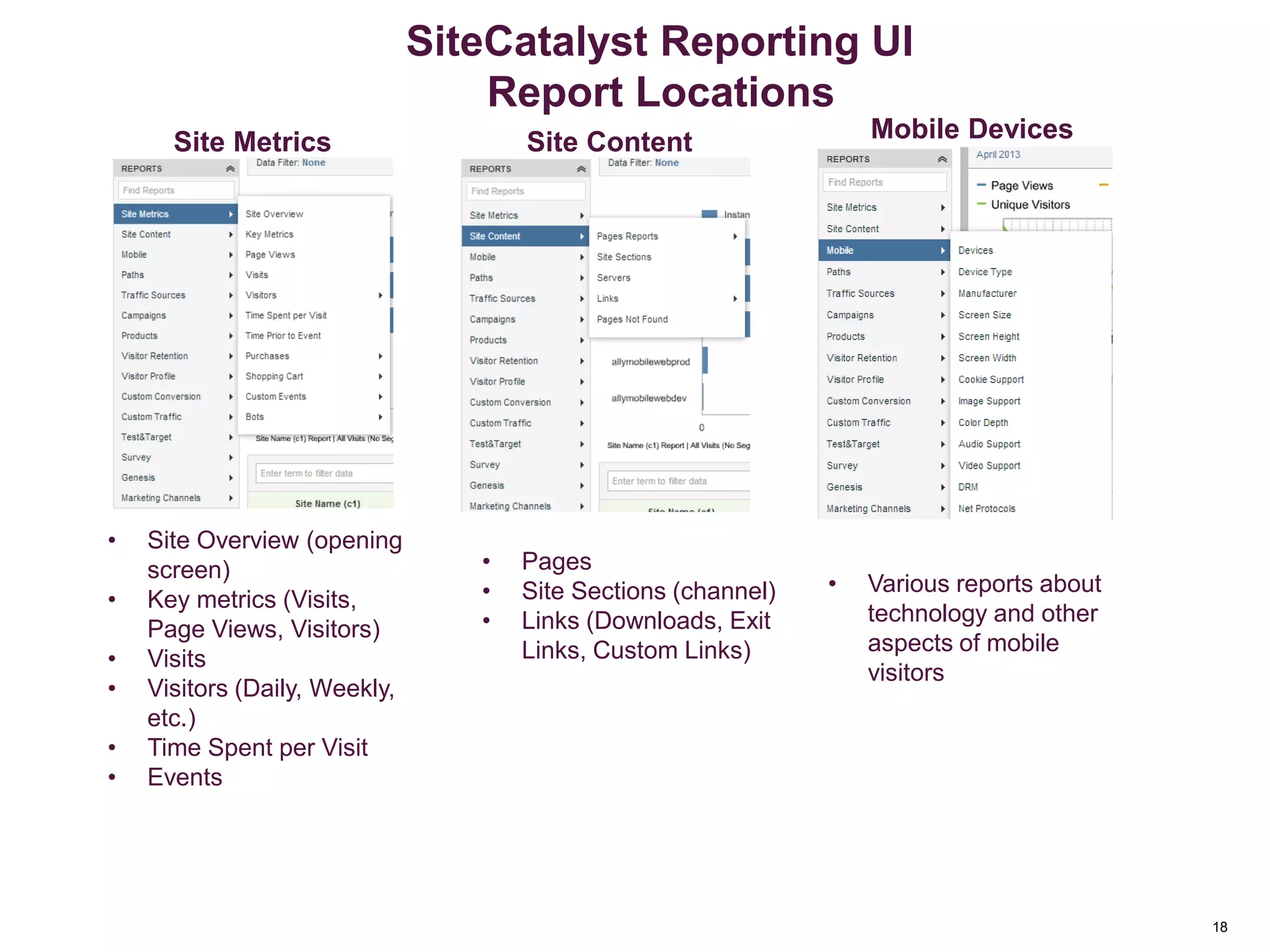 18
SiteCatalyst Reporting UI
Report Locations
Site Metrics Site Content Mobile Devices
• Site Overview (opening
screen)
• Key metrics (Visits,
Page Views, Visitors)
• Visits
• Visitors (Daily, Weekly,
etc.)
• Time Spent per Visit
• Events
• Pages
• Site Sections (channel)
• Links (Downloads, Exit
Links, Custom Links)
• Various reports about
technology and other
aspects of mobile
visitors
 