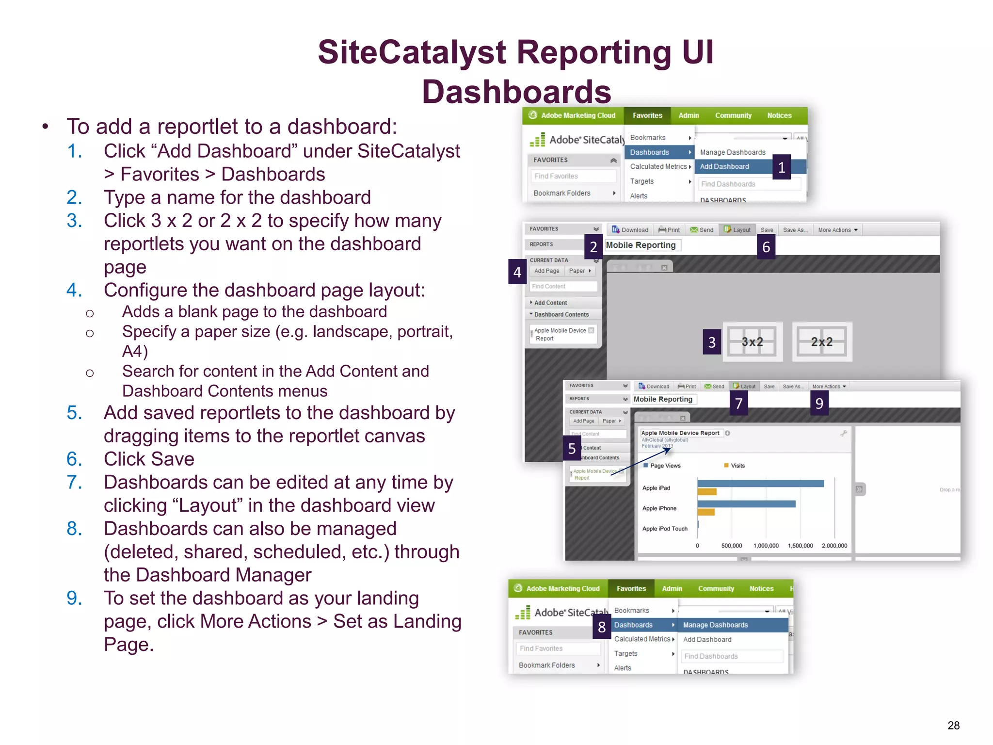 28
Dashboards
• To add a reportlet to a dashboard:
1. Click “Add Dashboard” under SiteCatalyst
> Favorites > Dashboards
2. Type a name for the dashboard
3. Click 3 x 2 or 2 x 2 to specify how many
reportlets you want on the dashboard
page
4. Configure the dashboard page layout:
o Adds a blank page to the dashboard
o Specify a paper size (e.g. landscape, portrait,
A4)
o Search for content in the Add Content and
Dashboard Contents menus
5. Add saved reportlets to the dashboard by
dragging items to the reportlet canvas
6. Click Save
7. Dashboards can be edited at any time by
clicking “Layout” in the dashboard view
8. Dashboards can also be managed
(deleted, shared, scheduled, etc.) through
the Dashboard Manager
9. To set the dashboard as your landing
page, click More Actions > Set as Landing
Page.
1
8
1
4
2 6
3
5
7 9
Saving & Sending Reports
28
SiteCatalyst Reporting UI
Dashboards
 