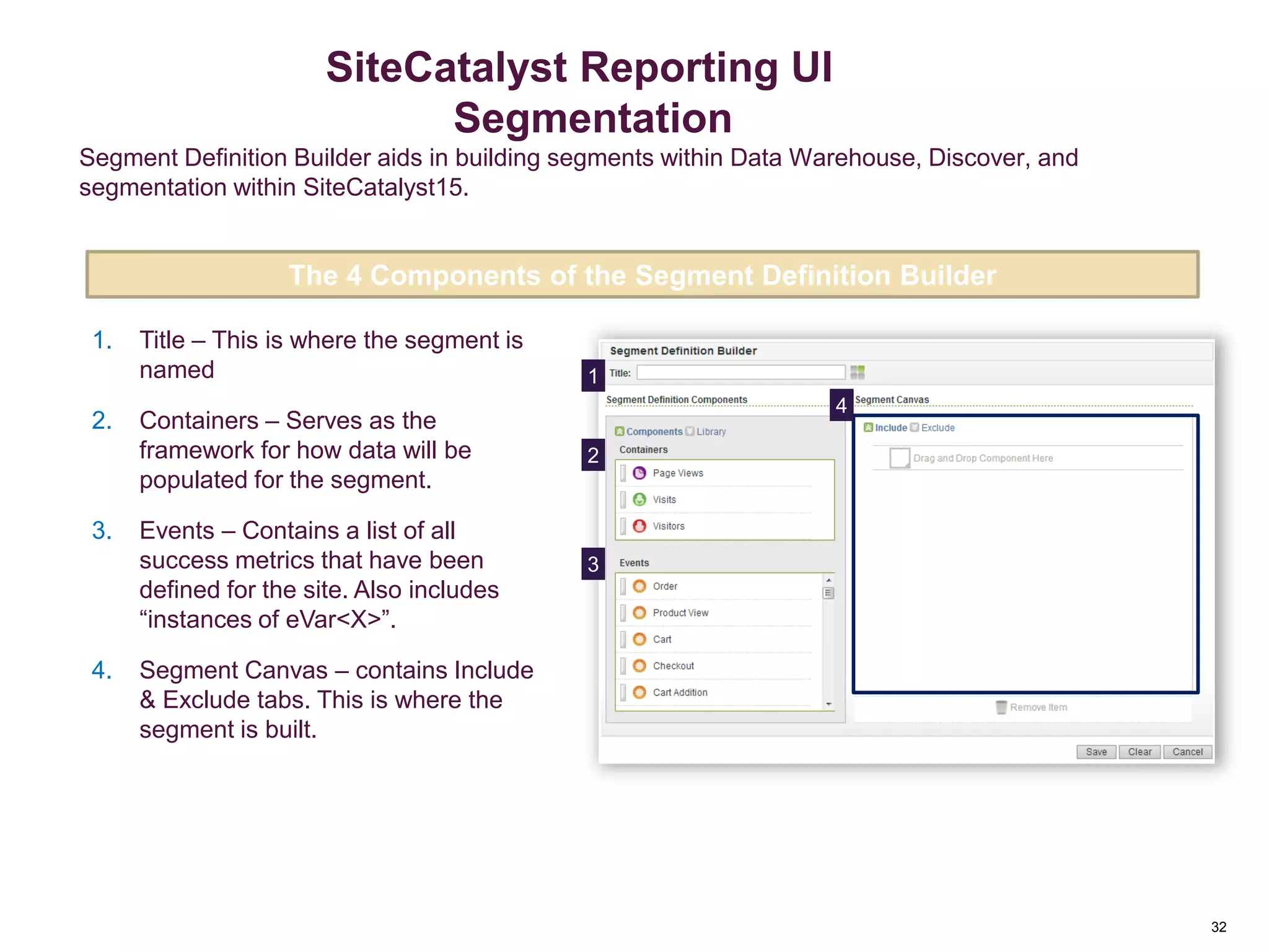 32
Segment Definition Builder aids in building segments within Data Warehouse, Discover, and
segmentation within SiteCatalyst15.
1. Title – This is where the segment is
named
2. Containers – Serves as the
framework for how data will be
populated for the segment.
3. Events – Contains a list of all
success metrics that have been
defined for the site. Also includes
“instances of eVar<X>”.
4. Segment Canvas – contains Include
& Exclude tabs. This is where the
segment is built.
The 4 Components of the Segment Definition Builder
1
2
3
4
Segmentation
SiteCatalyst Reporting UI
Segmentation
 