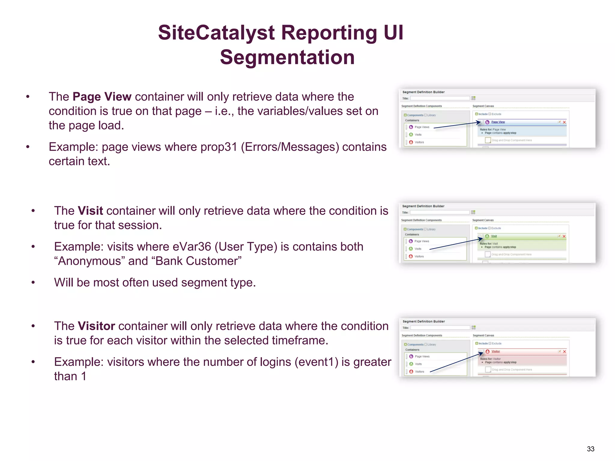 33
Segment Containers
• The Page View container will only retrieve data where the
condition is true on that page – i.e., the variables/values set on
the page load.
• Example: page views where prop31 (Errors/Messages) contains
certain text.
Segmentation
SiteCatalyst Reporting UI
Segmentation
• The Visit container will only retrieve data where the condition is
true for that session.
• Example: visits where eVar36 (User Type) is contains both
“Anonymous” and “Bank Customer”
• Will be most often used segment type.
• The Visitor container will only retrieve data where the condition
is true for each visitor within the selected timeframe.
• Example: visitors where the number of logins (event1) is greater
than 1
 
