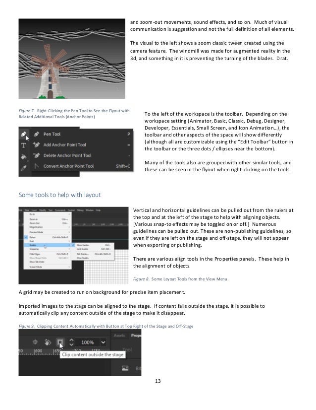 13
and zoom-out movements, sound effects, and so on. Much of visual
communication is suggestion and not the full definition of all elements.
The visual to the left shows a zoom classic tween created using the
camera feature. The windmill was made for augmented reality in the
3d, and something in it is preventing the turning of the blades. Drat.
To the left of the workspace is the toolbar. Depending on the
workspace setting (Animator, Basic, Classic, Debug, Designer,
Developer, Essentials, Small Screen, and Icon Animation…), the
toolbar and other aspects of the space will show differently
(although all are customizable using the “Edit Toolbar” button in
the toolbar or the three dots / ellipses near the bottom).
Many of the tools also are grouped with other similar tools, and
these can be seen in the flyout when right-clicking on the tools.
Some tools to help with layout
Vertical and horizontal guidelines can be pulled out from the rulers at
the top and at the left of the stage to help with aligning objects.
[Various snap-to effects may be toggled on or off.] Numerous
guidelines can be pulled out. These are non-publishing guidelines, so
even if they are left on the stage and off-stage, they will not appear
when exporting or publishing.
There are various align tools in the Properties panels. These help in
the alignment of objects.
Figure 8. Some Layout Tools from the View Menu
A grid may be created to run on background for precise item placement.
Imported images to the stage can be aligned to the stage. If content falls outside the stage, it is possible to
automatically clip any content outside of the stage to make it disappear.
Figure 9. Clipping Content Automatically with Button at Top Right of the Stage and Off-Stage
Figure 7. Right-Clicking the Pen Tool to See the Flyout with
Related Additional Tools (Anchor Points)
 