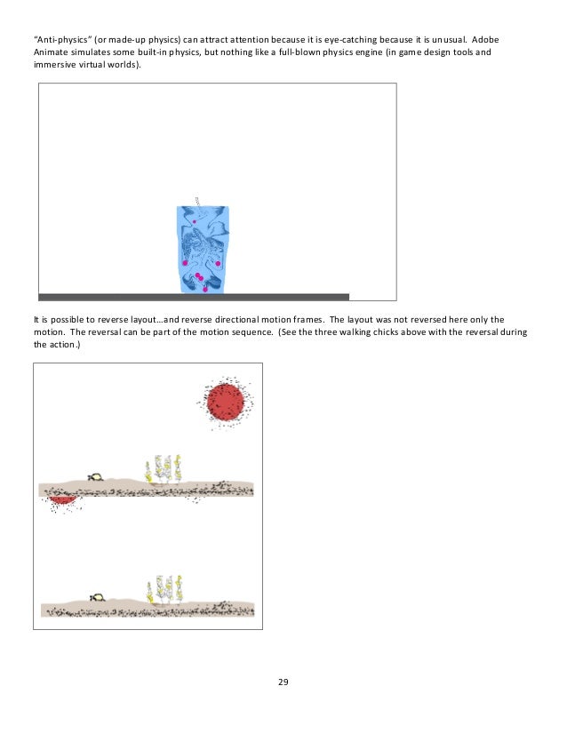 29
“Anti-physics” (or made-up physics) can attract attention because it is eye-catching because it is unusual. Adobe
Animate simulates some built-in physics, but nothing like a full-blown physics engine (in game design tools and
immersive virtual worlds).
It is possible to reverse layout…and reverse directional motion frames. The layout was not reversed here only the
motion. The reversal can be part of the motion sequence. (See the three walking chicks above with the reversal during
the action.)
 