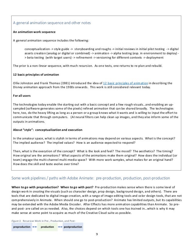9
A general animation sequence and other notes
An animation work sequence
A general animation sequence includes the following:
conceptualization -> style guide -> storyboarding and roughs -> initial reviews in initial pilot testing -> digital
assets creation (analog or digital or combined) -> animation -> alpha testing (esp. in environment to deploy) -
> beta testing (with target users) -> refinement -> versioning for different contexts -> deployment
The prior is a non-linear sequence, with much recursion. As one tests, one returns to re-plan and rebuild.
12 basic principles of animation
Ollie Johnston and Frank Thomas (1981) introduced the idea of 12 basic principles of animation in describing the
Disney animation approach from the 1930s onwards. This work is still considered relevant today.
For all users
The technologies today enable the starting out with a basic concept and a few rough visuals…and enabling an up-
sampled (software generates some of the pixels) refined animation that can be shared broadly. The technologies
here, too, do the heavy lifting as long as a person or a group knows what it wants and is willing to input the effort to
communicate that through computers. (AI neural filters can help clean up images, and they also inform some of the
outputs in animations.
About “style”: conceptualization and execution
In the amateur space, what is stylish in terms of animations may depend on various aspects. What is the concept?
The implied audience? The implied values? How is an audience expected to respond?
Then, what is the execution of the concept? What is the look and feel? The mood? The aesthetics? The timing?
How original are the animations? What aspects of the animations make them original? How does the individual (or
team) engage the multi-channel multi-media space? With more work samples, what makes for an original hand?
How does the skill and taste evolve over time?
Some work pipelines / paths with Adobe Animate: pre-production, production, post-production
When to go with preproduction? When to go with post? Pre-production makes sense when there is some level of
design work in creating the visuals (such as character design, prop design, background design, and others). There are
tools that are dedicated to digital image creation, with a range of image editing tools and color design tools, that are not
comprehensively in Animate. When should one go to post-production? Animate has limited outputs, but its capabilities
may be extended with the Adobe Media Encoder. After Effects has more animation capabilities than Animate. So pre-
and post- are called on as needed. Also, the choices depend on which tools one has trained in…which is why it may
make sense at some point to acquire as much of the Creative Cloud suite as possible.
Figure 3. Recursive Work in Pre-, Production, and Post-
 