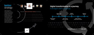 If digital transformation is a
journey, the biggest risk lies in
embarking on that journey without
a comprehensive strategy. Epsilon’s
roadmap to digital transformation
is designed to help you identify
the business challenges most
responsible for holding back your
customer experience. It enables
us to work together to address
your most urgent needs and
deploy a solution designed to fulfill
and continuously optimize your
organization’s digital vision. We’ll
partner with you every step of the
way, from design to deployment.
•	 Define the business challenges impacting your customer experience
•	 Assess your requirements and identify the key performance indicators
•	 Establish a digital future vision based on your customized business case
•	 Design and deploy a solution that meets your customer experience goals
•	 Monitor performance and make recommendations to optimize results
better
strategy
With Epsilon’s digital transformation roadmap we can help you:
Define business
challenges
Analyze data &
assess needs
Map & size the
future state vision
Design, develop &
deploy solution roadmap
Develop
strategic plan
Measure &
optimize
Let Epsilon put you on the right path.
Digital transformation is a journey.
It all begins with a roadmap.
 
