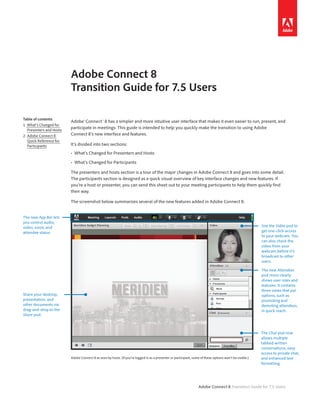 Adobe Connect 8
                          Transition Guide for 7.5 Users

Table of contents
                          Adobe® Connect™ 8 has a simpler and more intuitive user interface that makes it even easier to run, present, and
1: What’s Changed for
   Presenters and Hosts
                          participate in meetings. This guide is intended to help you quickly make the transition to using Adobe
2: Adobe Connect 8        Connect 8’s new interface and features.
   Quick Reference for
   Participants           It’s divided into two sections:
                          •	 What’s	Changed	for	Presenters	and	Hosts

                          •	 What’s	Changed	for	Participants

                          The presenters and hosts section is a tour of the major changes in Adobe Connect 8 and goes into some detail.
                          The participants section is designed as a quick visual overview of key interface changes and new features. If
                          you’re a host or presenter, you can send this sheet out to your meeting participants to help them quickly find
                          their way.

                          The screenshot below summarizes several of the new features added in Adobe Connect 8.


The new App Bar lets
you control audio,
video, voice, and                                                                                                                                          Use the Video pod to
attendee status.                                                                                                                                           get one-click access
                                                                                                                                                           to your webcam. You
                                                                                                                                                           can also check the
                                                                                                                                                           video from your
                                                                                                                                                           webcam before it’s
                                                                                                                                                           broadcast to other
                                                                                                                                                           users.

                                                                                                                                                           The new Attendees
                                                                                                                                                           pod more clearly
                                                                                                                                                           shows user roles and
                                                                                                                                                           statuses. It contains
                                                                                                                                                           three views that put
Share your desktop,                                                                                                                                        options, such as
presentation, and                                                                                                                                          promoting and
other documents via                                                                                                                                        demoting attendees,
drag-and-drop to the                                                                                                                                       in quick reach.
Share pod.



                                                                                                                                                           The Chat pod now
                                                                                                                                                           allows multiple
                                                                                                                                                           tabbed written
                                                                                                                                                           conversations, easy
                                                                                                                                                           access to private chat,
                          Adobe Connect 8 as seen by hosts. (If you’re logged in as a presenter or participant, some of these options won’t be visible.)   and enhanced text
                                                                                                                                                           formatting.




                                                                                                                    Adobe Connect 8 Transition Guide for 7.5 Users
 