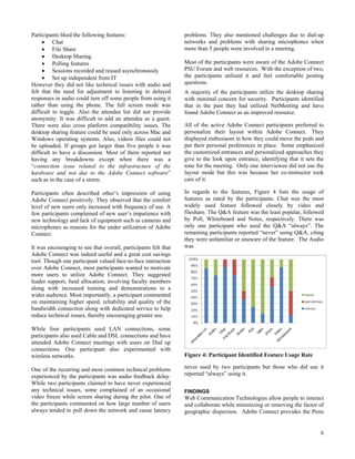 Participants liked the following features:                       problems. They also mentioned challenges due to dial-up
     • Chat                                                      networks and problems with sharing microphones when
     • File Share                                                more than 5 people were involved in a meeting.
     • Desktop Sharing
     • Polling features                                          Most of the participants were aware of the Adobe Connect
     • Sessions recorded and reused asynchronously               PSU Forum and web resources. With the exception of two,
     • Set up independent from IT                                the participants utilized it and feel comfortable posting
However they did not like technical issues with audio and        questions.
felt that the need for adjustment to listening to delayed        A majority of the participants utilize the desktop sharing
responses in audio could turn off some people from using it      with minimal concern for security. Participants identified
rather than using the phone. The full screen mode was            that in the past they had utilized NetMeeting and have
difficult to toggle. Also the attendee list did not provide      found Adobe Connect as an improved resource.
anonymity. It was difficult to add an attendee as a guest.
There were also cross platform compatibility issues. The         All of the active Adobe Connect participants preferred to
desktop sharing feature could be used only across Mac and        personalize their layout within Adobe Connect. They
Windows operating systems. Also, videos files could not          displayed enthusiasm in how they could move the pods and
be uploaded. If groups got larger than five people it was        put their personal preferences in place. Some emphasized
difficult to have a discussion. Most of them reported not        the customized entrances and personalized approaches they
having any breakdowns except when there was a                    give to the look upon entrance, identifying that it sets the
“connection issue related to the infrastructure of the           tone for the meeting. Only one interviewee did not use the
hardware and not due to the Adobe Connect software”              layout mode but this was because her co-instructor took
such as in the case of a storm.                                  care of it.

Participants often described other’s impression of using         In regards to the features, Figure 4 lists the usage of
Adobe Connect positively. They observed that the comfort         features as rated by the participants. Chat was the most
level of new users only increased with frequency of use. A       widely used feature followed closely by video and
few participants complained of new user’s impatience with        fileshare. The Q&A feature was the least popular, followed
new technology and lack of equipment such as cameras and         by Poll, Whiteboard and Notes, respectively. There was
microphones as reasons for the under utilization of Adobe        only one participant who used the Q&A “always”. The
Connect.                                                         remaining participants reported “never” using Q&A, citing
                                                                 they were unfamiliar or unaware of the feature. The Audio
It was encouraging to see that overall, participants felt that   was
Adobe Connect was indeed useful and a great cost savings
tool. Though one participant valued face-to-face interaction
over Adobe Connect, most participants wanted to motivate
more users to utilize Adobe Connect. They suggested
leader support, fund allocation, involving faculty members
along with increased training and demonstrations to a
wider audience. Most importantly, a participant commented
on maintaining higher speed, reliability and quality of the
bandwidth connection along with dedicated service to help
reduce technical issues, thereby encouraging greater use.

While four participants used LAN connections, some
participants also used Cable and DSL connections and have
attended Adobe Connect meetings with users on Dial up
connections. One participant also experimented with
wireless networks.                                               Figure 4: Participant Identified Feature Usage Rate

One of the recurring and most common technical problems          never used by two participants but those who did use it
experienced by the participants was audio feedback delay.        reported “always” using it.
While two participants claimed to have never experienced
any technical issues, some complained of an occasional           FINDINGS
video freeze while screen sharing during the pilot. One of       Web Communication Technologies allow people to interact
the participants commented on how large number of users          and collaborate while minimizing or removing the factor of
always tended to pull down the network and cause latency         geographic dispersion. Adobe Connect provides the Penn


                                                                                                                           6
 