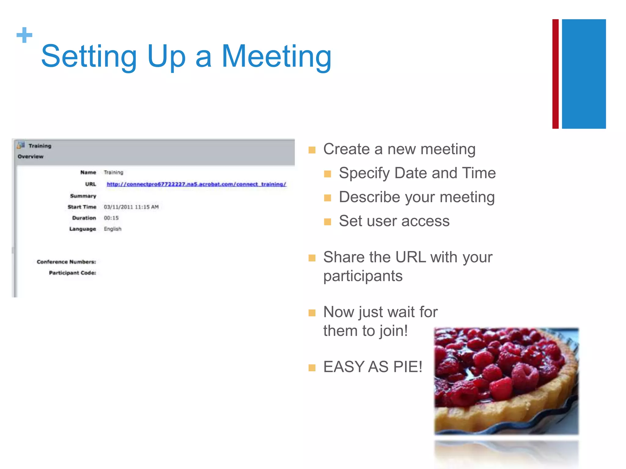 +
    Setting Up a Meeting

                         Create a new meeting
                             Specify Date and Time
                             Describe your meeting
                             Set user access

                         Share the URL with your
                          participants

                         Now just wait for
                          them to join!

                         EASY AS PIE!
 