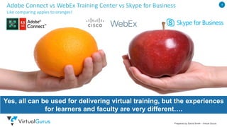 1
Prepared by David Smith - Virtual Gurus
Adobe	Connect	vs	WebEx	Training	Center	vs	Skype	for	Business
Like	comparing	apples	to	oranges!
Yes, all can be used for delivering virtual training, but the experiences
for learners and faculty are very different….
 