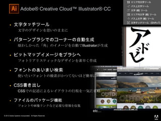 © 2013 Adobe Systems Incorporated. All Rights Reserved.
Adobe® Creative Cloud™ Illustrator® CC
11
 文字タッチツール
文字のデザインを思いのままに
 パターンブラシでのコーナーの自動生成
煩わしかった「角」のイメージを自動でIllustratorが生成
 ビットマップイメージをブラシへ
フォトリアリスティックなデザインを素早く作成
 フォントのあいまい検索
使いたいフォントの検索がかつてないほど簡単に
 CSS書き出し
CSSでの記述によるレイアウトの行程を一気に省略
 ファイルのパッケージ機能
フォントや画像リンクなど必要な情報を収集
etc…
 
