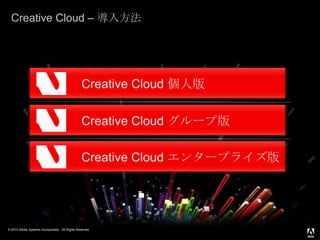 © 2013 Adobe Systems Incorporated. All Rights Reserved.
Creative Cloud – 導入方法
 