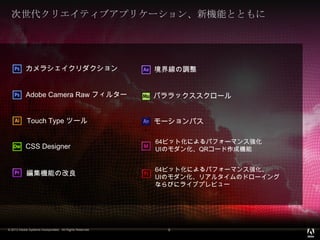 © 2013 Adobe Systems Incorporated. All Rights Reserved.
次世代クリエイティブアプリケーション、新機能とともに
9
モーションパス
パララックススクロール
境界線の調整
CSS Designer
Touch Type ツール
64ビット化によるパフォーマンス強化
UIのモダン化、QRコード作成機能
Adobe Camera Raw フィルター
編集機能の改良
カメラシェイクリダクション
64ビット化によるパフォーマンス強化、
UIのモダン化、リアルタイムのドローイング
ならびにライブプレビュー
 