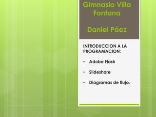 Gimnasio Villa
Fontana
Daniel Páez
INTRODUCCION A LA
PROGRAMACION:
• Adobe Flash
• Slideshare
• Diagramas de flujo.
 