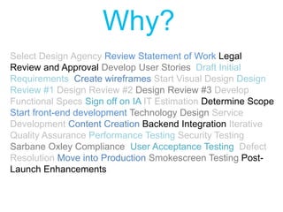 We also Wmodhernyiz?ed the web 
Select Design Agency Review Statement of Work Legal 
Review and Approval Develop User Stories Draft Initial 
Requirements Create wireframes Start Visual Design Design 
Review #1 Design Review #2 Design Review #3 Develop 
Functional Specs Sign off on IA IT Estimation Determine Scope 
Start front-end development Technology Design Service 
Development Content Creation Backend Integration Iterative 
Quality Assurance Performance Testing Security Testing 
Sarbane Oxley Compliance User Acceptance Testing Defect 
Resolution Move into Production Smokescreen Testing Post- 
Launch Enhancements 
 