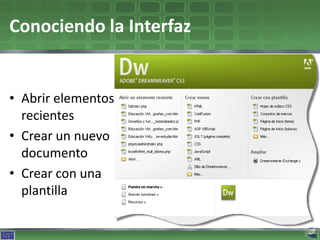 Conociendo la Interfaz


• Abrir elementos
  recientes
• Crear un nuevo
  documento
• Crear con una
  plantilla
 