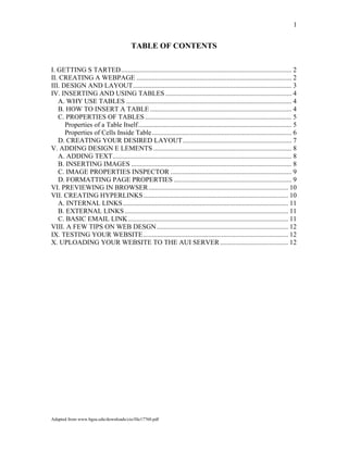 1
TABLE OF CONTENTS
I. GETTING S TARTED.................................................................................................... 2
II. CREATING A WEBPAGE ........................................................................................... 2
III. DESIGN AND LAYOUT............................................................................................. 3
IV. INSERTING AND USING TABLES .......................................................................... 4
A. WHY USE TABLES ................................................................................................. 4
B. HOW TO INSERT A TABLE ................................................................................... 4
C. PROPERTIES OF TABLES...................................................................................... 5
Properties of a Table Itself.......................................................................................... 5
Properties of Cells Inside Table.................................................................................. 6
D. CREATING YOUR DESIRED LAYOUT................................................................ 7
V. ADDING DESIGN E LEMENTS ................................................................................. 8
A. ADDING TEXT......................................................................................................... 8
B. INSERTING IMAGES .............................................................................................. 8
C. IMAGE PROPERTIES INSPECTOR ....................................................................... 9
D. FORMATTING PAGE PROPERTIES ..................................................................... 9
VI. PREVIEWING IN BROWSER.................................................................................. 10
VII. CREATING HYPERLINKS..................................................................................... 10
A. INTERNAL LINKS................................................................................................. 11
B. EXTERNAL LINKS................................................................................................ 11
C. BASIC EMAIL LINK.............................................................................................. 11
VIII. A FEW TIPS ON WEB DESGN............................................................................. 12
IX. TESTING YOUR WEBSITE..................................................................................... 12
X. UPLOADING YOUR WEBSITE TO THE AUI SERVER........................................ 12
Adapted from www.bgsu.edu/downloads/cio/file17760.pdf
 