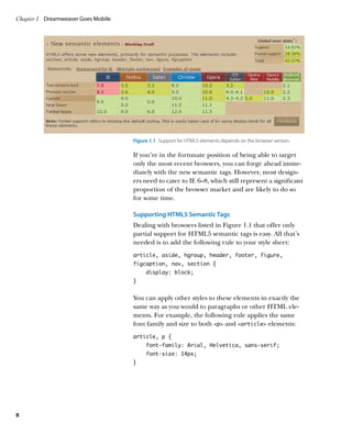 Chapter 1	 Dreamweaver Goes Mobile




                                     Figure 1.1  Support for HTML5 elements depends on the browser version.

                                     If you’re in the fortunate position of being able to target
                                     only the most recent browsers, you can forge ahead imme-
                                     diately with the new semantic tags. However, most design-
                                     ers need to cater to IE 6–8, which still represent a significant
                                     proportion of the browser market and are likely to do so
                                     for some time.

                                     Supporting HTML5 Semantic Tags
                                     Dealing with browsers listed in Figure 1.1 that offer only
                                     partial support for HTML5 semantic tags is easy. All that’s
                                     needed is to add the following rule to your style sheet:
                                     article, aside, hgroup, header, footer, figure,
                                     figcaption, nav, section {
                                          display: block;
                                     }


                                     You can apply other styles to these elements in exactly the
                                     same way as you would to paragraphs or other HTML ele-
                                     ments. For example, the following rule applies the same
                                     font family and size to both p and article elements:
                                     article, p {
                                          font-family: Arial, Helvetica, sans-serif;
                                          font-size: 14px;
                                     }




8
 