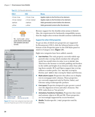 Chapter 1	 Dreamweaver Goes Mobile


             Table 1.3  CSS Pseudo-elements
             CSS2.1	CSS3	Meaning
             :first-line	            ::first-line	Applies styles to the first line of an element.

             :first-letter	          ::first-letter	Applies styles to the first letter of an element.

             :before	                ::before	Adds generated content before the element.

             :after	                 ::after	Adds generated content after the element.



                                                     Browser support for the double-colon syntax is limited.
                                                     Also, the requirement for backwards compatibility means
                                                     that the single-colon versions should continue indefinitely.
                The ::before and ::after
                pseudo-elements and their single-    Support for other CSS3 properties
                colon equivalents work only in       To get an idea of which new properties are supported
                Live view.                           by Dreamweaver CS5.5, click the leftmost button at the
                                                     bottom of the Properties pane in the CSS Styles panel to
                                                     switch to Category view (Figure 1.9).
                                                     Eight new categories have been added, namely:
                                                     	 	 User Interface. The only property currently widely sup-
                                                     .
                                                         ported is box-sizing, which emulates the old quirks
                                                         mode box model when its value is set to border-box.
                                                         This forces the browser to include padding and borders
                                                         in the width and height of an element rather than add-
                                                         ing them outside. IE 8 and Opera support box-sizing
                                                         without a vendor prefix. Use -moz-box-sizing for
                                                         Firefox and -webkit-box-sizing for Safari and Chrome.
                                                     	 	 Multi-column Layout. Properties that allow you to display
                                                     .
                                                         text in newspaper-style columns. These properties
                                                         are currently supported only by Firefox, Safari, and
                                                         Chrome using vendor-specific prefixes.
                                                     	 	 Line Layout. Properties designed to give greater control
                                                     .
                                                         over the alignment of text and other elements. The
                                                         W3C ranks them as “low priority.”
                                                     	 	 Animations, Transforms, Transitions. Properties that rotate
                                                     .
                                                         and animate objects in 2D and 3D. These properties
                                                         are increasingly supported by recent browsers.
Figure 1.9  Seven new categories have been add-      	 	 Mozilla. Vendor-specific (-moz) properties used by
                                                     .
ed to the Properties pane of the CSS Styles panel.       Firefox.




20
 