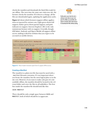 II: HTML5 and CSS3


checks the manifest and downloads the listed files ready for
use offline. The next time the same user visits your site, the
browser checks the manifest. If it detects a change, all the
files are downloaded again, updating the application cache.              Firefox alerts users that the site is
                                                                         asking to store data on your com-
Figure 4.1 shows which browsers support offline applica-                 puter for offline use and offers the
tions as reported by caniuse.com. Light green shows full                 option to decline. Most other brows-
                                                                         ers download the files without asking.
support; darker green shows partial support; and pink
indicates no support. Internet Explorer (IE) is the only
mainstream browser with no support. Crucially, though,
iOS Safari, Android, and Opera Mobile all support offline
access, making it ideal for websites that you expect to be
accessed on mobile devices.




Figure 4.1  Most modern browsers apart from IE support offline access.


Creating a Manifest
The manifest is a plain text file that must be saved with a
.manifest filename extension. It’s not important where
you locate the manifest, but the most logical place is in the
site root. However, if you want to make only part of a site
available offline, the manifest should be located in the rel-
evant folder and cover the files in all subfolders. The first
line inside the manifest file should look like this:
CACHE MANIFEST


There should be only a single space between CACHE and
MANIFEST, both of which should be in uppercase.




                                                                                                                      119
 