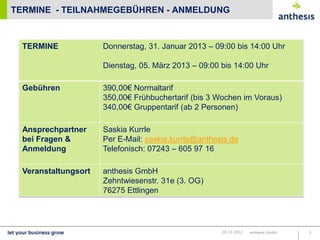 TERMINE - TEILNAHMEGEBÜHREN - ANMELDUNG



  TERMINE             Donnerstag, 31. Januar 2013 – 09:00 bis 14:00 Uhr

                      Dienstag, 05. März 2013 – 09:00 bis 14:00 Uhr

  Gebühren            390,00€ Normaltarif
                      350,00€ Frühbuchertarif (bis 3 Wochen im Voraus)
                      340,00€ Gruppentarif (ab 2 Personen)

  Ansprechpartner     Saskia Kurrle
  bei Fragen &        Per E-Mail: saskia.kurrle@anthesis.de
  Anmeldung           Telefonisch: 07243 – 605 97 16

  Veranstaltungsort   anthesis GmbH
                      Zehntwiesenstr. 31e (3. OG)
                      76275 Ettlingen




                                                      20.12.2012   anthesis GmbH   5
 